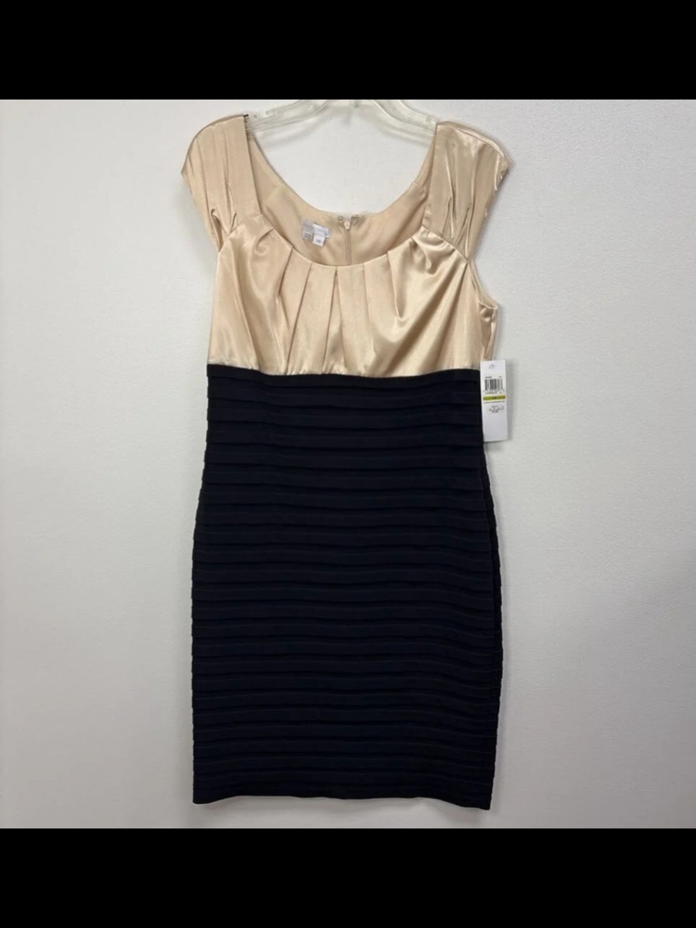 London Times Beige Satin Bodice with Black Textured Midi Sheath Dress